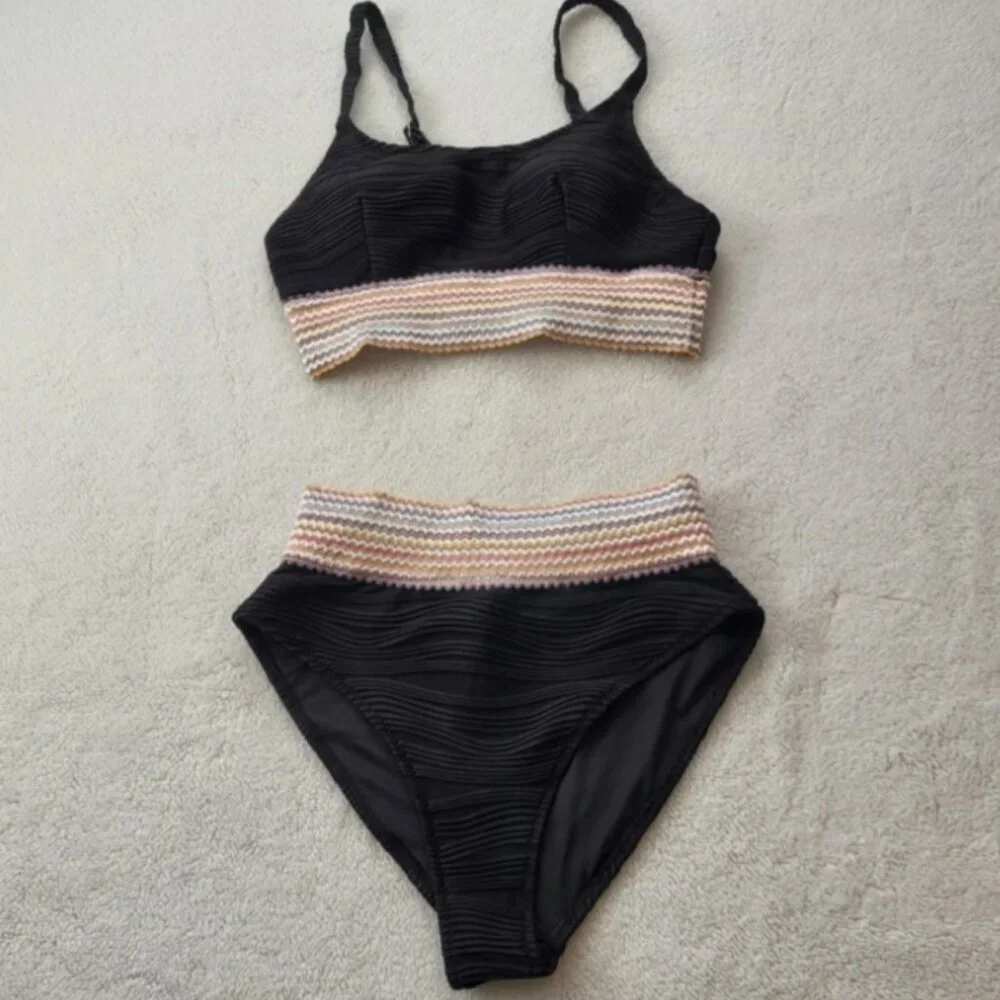 NWT Blooming Jelly Black High Waist Bikini Set Ribbed Crop Top Swimsuit M - Picture 1 of 9